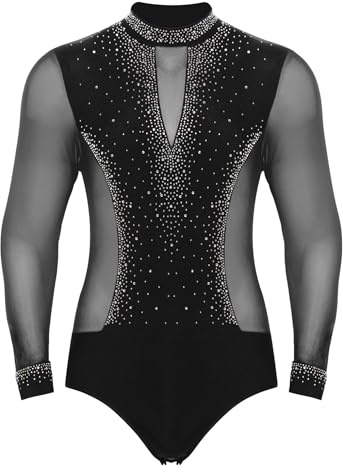 Freebily Klassisk Dans Bodysuit Herr Långärmad Camica Latin Amerikansk Dans Bodysuit Tango Heltäckande Konståkning Bodysuit Gymnastik Bodysuit med Mesh Lapptäcke, Svart, M