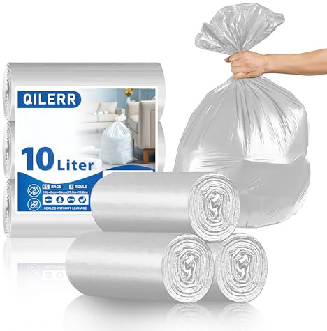 Bolsas de basura pequeñas de 10 litros, color blanco, con pedales, 69 unidades, de plástico transparente extragrueso, bolsa de basura fuerte a prueba de fugas para el hogar, cocina, oficina