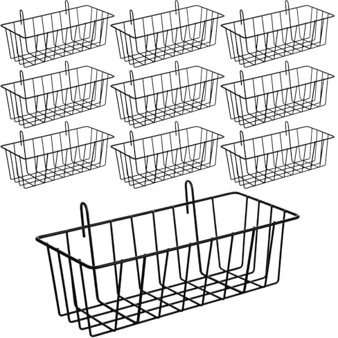 10Pcs Grid Panel Hanging Wire Basket Metal Grid Wall Basket No Drilling Wall Storage Basket for Kitchen, Home Decor Supplies, Potted Plants, Black