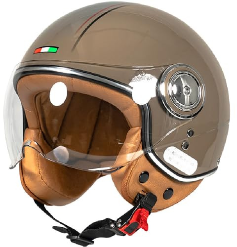 Vintage Motorrad Jethelme mit Sonnenblende, Open Face Helm Vintage Roller Helm für Damen Herren, ECE Zertifiziert Retro Elektrischer Halbhelm, Jet-Helm für Cruiser