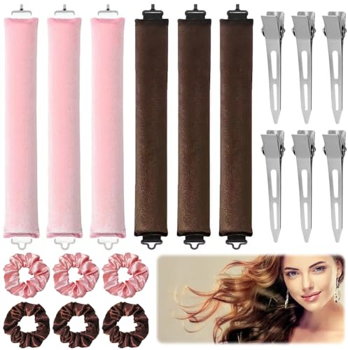 Overnight Blowout Rods, 6PCS Jumbo Flexi Rods for Hair with Tie and Clips, Heatless Blowout Rod Color with Pink And Brown, Velvet Hair Rods for DIY Hairstyles Sleepy Lazy Curling Set