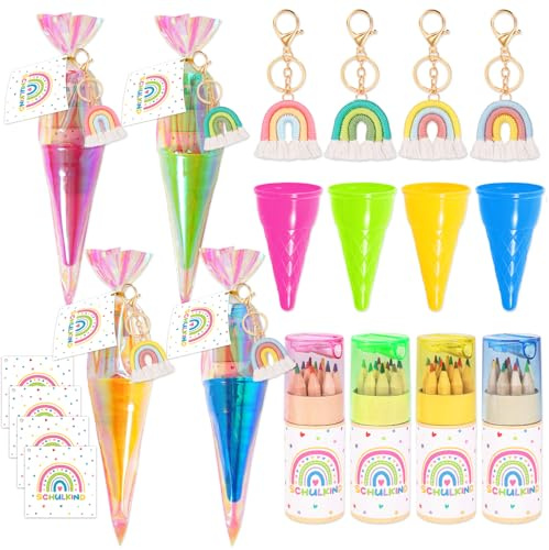 HOWAF 4 STK Einschulung Geschenk Geschwisterschultüte Jungen Mädchen, Kleine Schultüte Geschwister Zuckertüte Klein mit Farbstifte, Schlüsselanhänger Regenbogen für Schulkind Schulanfang Geschenke, A