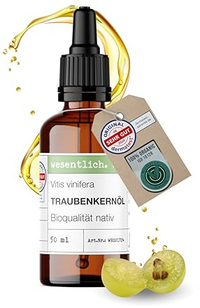 wesentlich. Huile de pépins de raisin bio 50 ml avec pipette | Pressée à froid & raffermissement de la peau | Huile légère pour soin du visage et massage | 100 % naturelle