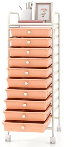 GIANTEX Carro de Almacenamiento 10 Cajones, Estantería con 4 Ruedas (2 con Frenos), Carrito de Plástico con Marco de Metal, Organizador para Oficina, Cocina, Baño, 33x37x86 cm (Rosa Claro)