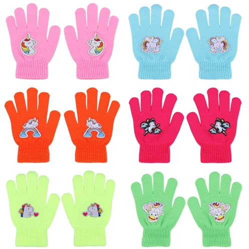 QKURT 6 Paar Kinderhandschuhe, Kinder Magic Stretch Handschuhe Strick Einhorn Handschuhe Winterhandschuhe mit Voller Fingern für Jungen und Mädchen 1~12 Jahren