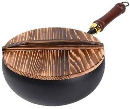 Shurhome Sartén de hierro fundido chino de gran capacidad de 24 cm, revestimiento antiadherente para freír y estofar, sartén de acero al carbono de grado de restaurante