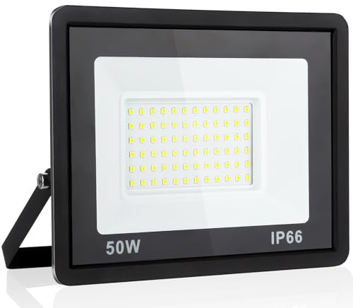 Fynokst 50W LED Strahler Außen Innen, 5400LM Superhell Außenbeleuchtung, 6000K Tageslichtweiß, IP66 Wasserdicht LED Aussenleuchte für Garten, Garage, Sportplatz, 1 Stücke