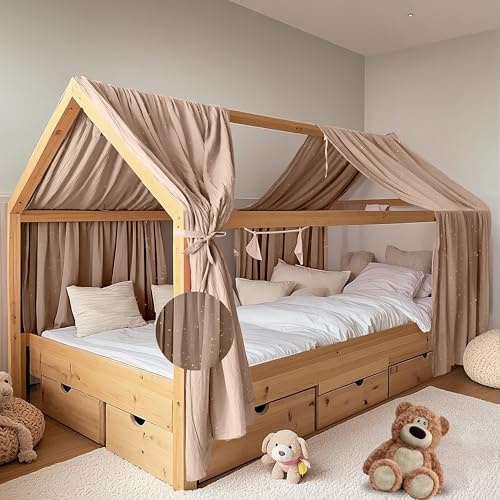 FloraVigo Lot de 2 ciel de lit avec application dorée - Fabriqué à la main en mousseline 100 % coton - Pour décoration de lit de maison - Pour filles et garçons (beige foncé, lot de 2, 65 x 270 cm)