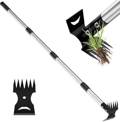 Herramienta de eliminación de malezas 2 en 1, combo de rastrillo y azada, extractor manual de malas hierbas resistente con mango largo ajustable de 40-148 cm, herramientas ergonómicas para césped
