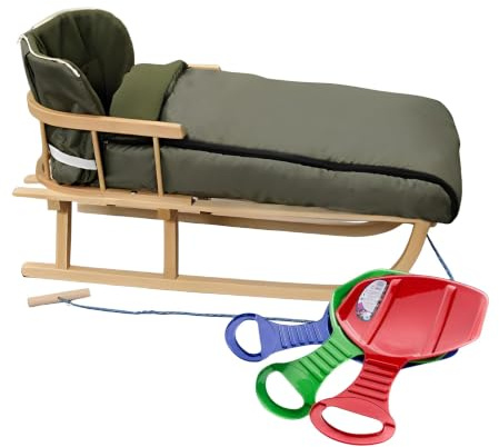 BirnePower Holzschlitten 90cm mit Rückenlehne und Winterfußsack 90cm oder 108cm Komplettset inkl. Zugseil & Gurt, Rodelschlitten aus Buchenholz