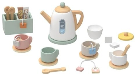 Wooden Tea Set, Pretend Play Toy, Ages 3+, Natural Wood, Includes Cups, Saucers, Teapot, 21x26x9.7cm