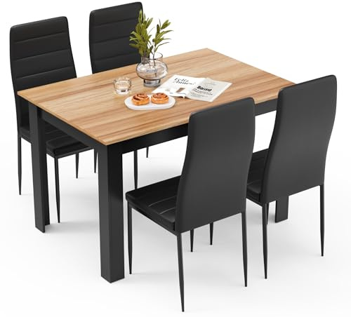 Mondeer 120cm Esstisch mit 4 Stühlen, Holz Küchentisch mit Hochlehner Stuhl | Stühle Wasserfest und Leicht zu Reinigen, Hohe Rückenlehne,Polster Schön Weich,Eiche und Schwarz
