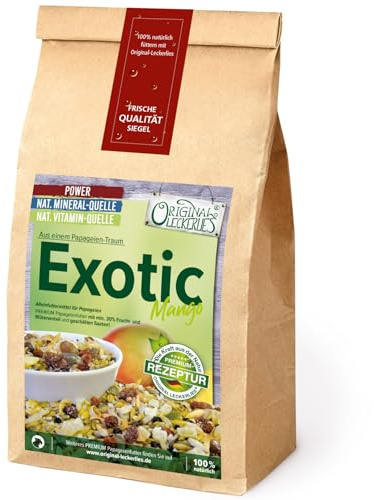 ORIGINAL LECKERLIES® Exotic-Mango-Mix 500g, ***Premium Qualität*** Papageienfutter mit geschälten Saaten, hohem Fruchtanteil, Getreide, leckerer Kokosnuss und Orangenblüten