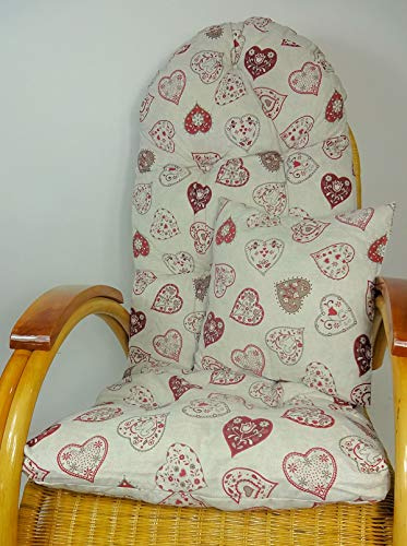 Rattani - Auflage/Polster für Schaukelstuhl, Liegestuhl, Ersatzpolster Gr. 130 x 50 x 12 cm + Zierkissen 40 x 40 cm Stoff Stoff Mirha Leinen Herz - Made in EU