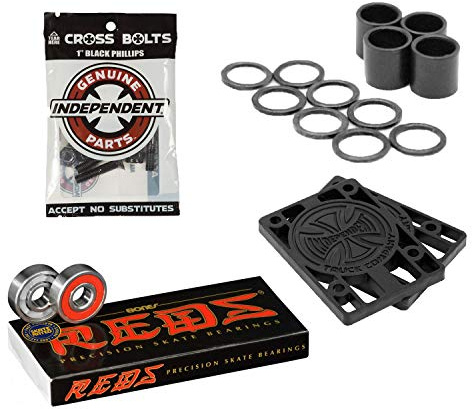 INDEPENDENT Bones Reds Skateboard Bearings with 1/8 Risers and 1 Phillips Black Mounting Hardware
