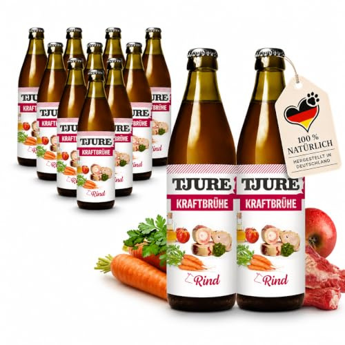 TJURE Kraftbrühe Rind 12 x 320ml | 10+2 Sparpaket | Brühe für Hunde & Katzen | Rinderkraftbrühe ohne Zusatzstoffe | Ungefiltert | Ideal als Futter Topping & Snack | Made in Germany