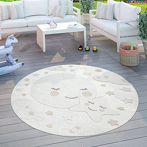 Paco Home Kinderteppich Kinderzimmer Outdoorteppich Rund Spielteppich 3D Effekt Mond Beige, Grösse:Ø 160 cm Rund