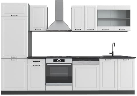 Vicco Küchenzeile R-Line, Weiß Landhaus/Anthrazit, 300 cm | 8 Module · Höhenverstellbare Füße · Ohne Arbeitsplatte · MDF-Fronten · Mit Kühlschrankumbauschrank · Frei kombinierbar