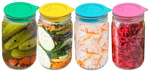 Sophico Silicone Fermentation Lids, Waterless Airlock Fermentation Lids, Mason Jar Lids, Fermenter Caps for Cucumbers, Kimchi and Fermented Probiotic Foods - 4 Pack, Wide Mouth (Jars