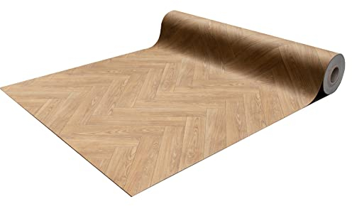 Primaflor PVC Bodenbelag Meterware - AKUSTIK-TEX, Fischgräte Eiche natur 669M, 2,00m x 2,50m, Vinyl-Boden in Holzoptik für Küche, Wohn- & Badezimmer, Hochwertige Auslegware, Anti-Rutsch Oberfläche