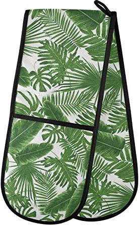 Double Oven Glove Tropical Palm Leaves Green Heat Resistant Double Ovens Mitt Modern Cooking Gloves Potholders
