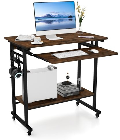 COSTWAY Scrivania con Ruote, Vassoio per Tastiera, Supporto per CPU e Ganci, Scrivania Moderna in Legno e Metallo per Salotto e Camera da Letto, 80 x 50 x 78 cm (Marrone)