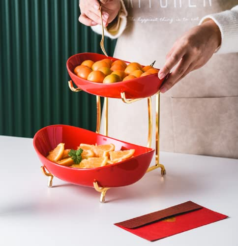 JUNYFFF Frutero De Cerámica De 2 Pisos, Ensalada De Frutas, con Soporte Metálico, para Decoración De Cocina, Verduras, Frutas, Aperitivos (Rojo)
