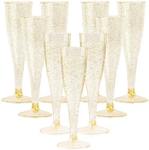NAMIS Bicchieri da spumante in plastica, 20 pezzi, da 150 ml, riutilizzabili, con pennarello a punto dorato, in plastica, per matrimoni, feste, picnic, attività all'aperto, Mimosa Bar (oro)