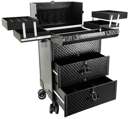 Make Up Koffer Professionell Schminkkoffer, Kosmetikkoffer Mit 4 Rollen, Trolley-Koffer, Kosmetikkoffer Alu Beauty Case, Professioneller Reise Make Up Tasche Artist Train Case Trolley, Schwarz