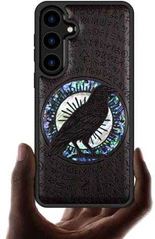 Carveit Designer Wooden Case for Samsung Galaxy S24 Case [Wood Engraving & Shell Inlay] Compatible with Wireless Chargers S24 Case (Haloed Crow-Blackwood)