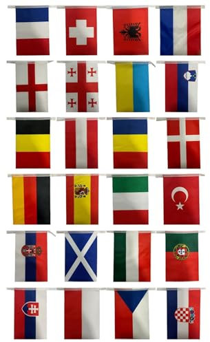 Shurzzesj Drapeau de 24 pays, drapeau européen - Fanion européen en polyester avec 24 pays,Chaîne de fanions décorative à suspendre, décoration de fête Eurovision pour mur, porte, arbre