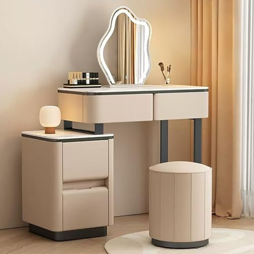 Schminktisch mit rundem Hocker und Beistellschränken, Khaki, Schminktisch-Set mit Spiegel, Mikrofaser, Leder-Finish, Schiefer-Tischplatte, Beine aus Karbonstahl, 60 cm