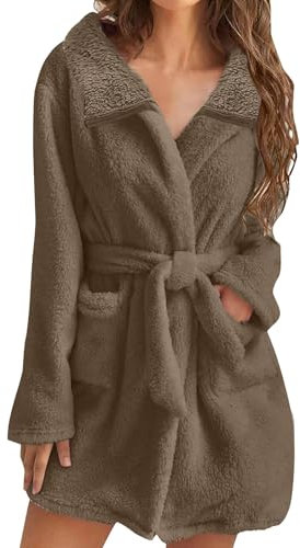 Kurzer Damen-Bademantel mit Kapuze, weicher Fleece-Gürtel, gemütlicher warmer Bademantel für den Winter, idealer Lounge-Bademantel, brauner Fleece-Bademantel, weicher warmer Bademantel für Frauen,