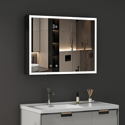 WDWRITTI LED Spiegelschrank mit Beleuchtung 60x80x13,5cm Badezimmerschrank, Bad Metall Badschrank Medizinschrank Spiegel Kabinett mit 3-Farben Dimmbar, Beschlagfrei, 2 Glasablage