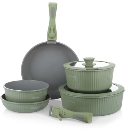 KASANOVA Batteria pentole 9 pezzi Eaziclip, Set pentole induzione con rivestimento ceramico e manici staccabili per uso in forno, Batteria antiaderente verde con coperchi