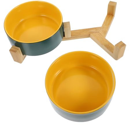 Happyyami Gamelle Double Céramique Relevée pour Chats avec Support Bois Bol Élevé Alimentaire Et Eau Anti-glouton Facile à Nettoyer Et Résistante pour Chats Et Petits Animaux