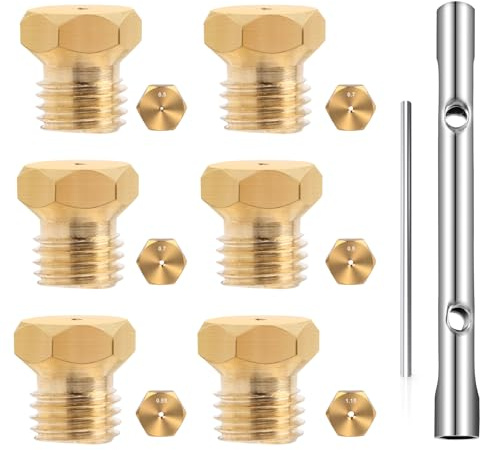 YARVPUV 7 Stück Universal-Butangasdüse für Gaskochfelder, 5 Größen mit Rohrschlüssel 6/7, 6 universelle Gasdüsen 6MB GPL für Gasflaschen, Methangas für Gaskochplatten 0.5 0.7 0.7 0.9 0.95 1.15