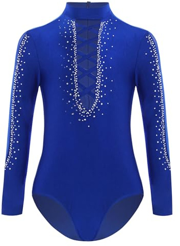 dPois Justaucorps Danse Latine Garçon Enfant Manche Longue Gymnastique Tenue Patinage Artistique Gym Ballet Strass Bleu 5-6 ans