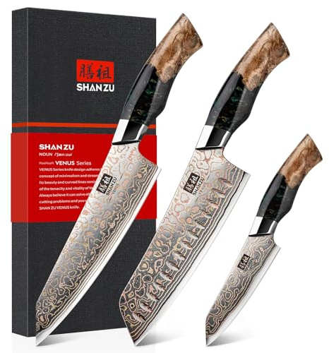 SHAN ZU Damast köksknivar i 3 delar, 33 lager koppar och damaststål, 12° slipat blad med lönnträhandtag inklusive kockkniv, Santoku, fruktknivar
