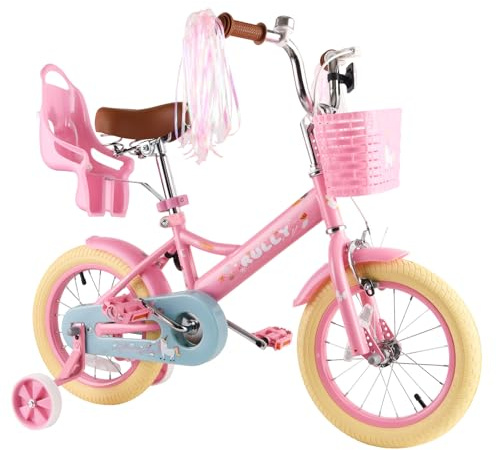 RULLY 12 14 16 Zoll Kinderfahrrad für 2-7 Jahre Mädchen mit Stützrädern & Handbremse vorne, Korb, Streamer, Lila Rosa, Weiß