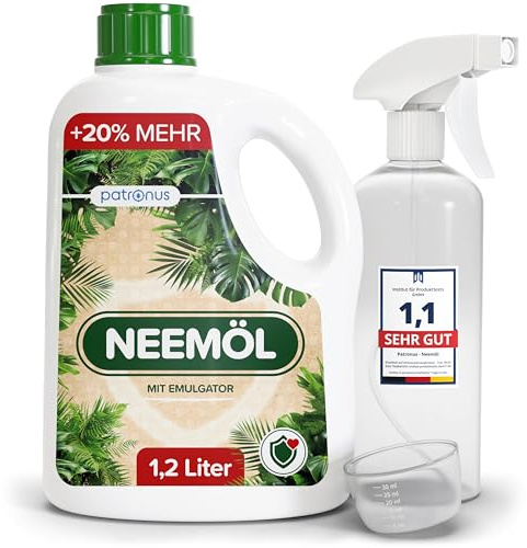 Natürliches Neemöl mit Emulgator 1200 ml, inkl Sprühflasche & Messbecher | Ergibt 120 Liter sprühfertiges Neem-Öl Spray – Niemöl zur natürlichen Pflanzenpflege für drinnen & draußen