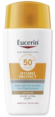 Eucerin Sun Face Hydro Protect Ultra-Light Fluid FPS50+ con tono medio (50 ml), crema facial solar con filtros UVA/UVB, protección solar 50+ en fluido extraligero, crema de sol con color