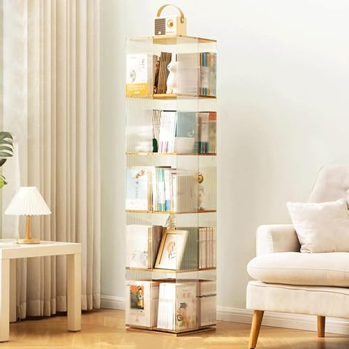PZEOB 3/4/5 Ebenen rotierende Bücherscheibe -Turm Bambus rotierende Bücherregal klares Acrylboden Stehbuchhandel 360 ° rotierendes Buchregal
