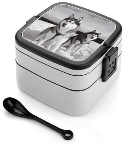 GHENBLT Husky Dogs - Caja bento de nieve apilable para adultos, 2 capas, reutilizable, a prueba de fugas, para adultos, viajes, lonchera de 33 onzas con cuchara, cajas bento portátiles, aptas para