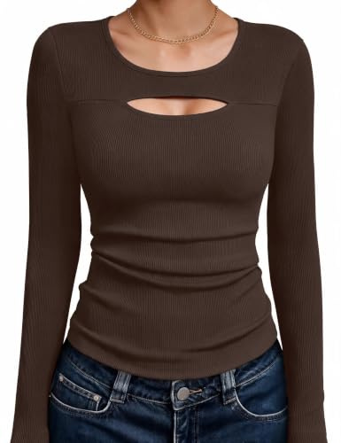 Aottori Camiseta de Mujer Manga Larga Acanalado Elástico con Cuello Redondo | Detalle Cut Out, Corte Ajustado, Tejido Ligero, Estilo Casual, Estilo Elegante, Forma de Túnica