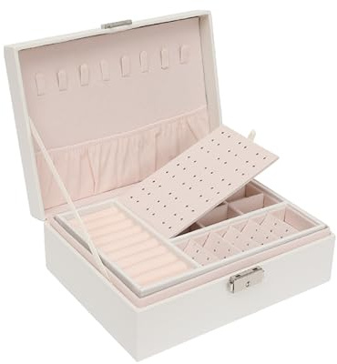 acfeco Schmuckkästchen, Schmuckschatulle mit Schloss 2 Ebenen Schmuckaufbewahrung, Schmuckkasten aus PU-Leder für Ringe Ohrringe Halsketten Armbänder Geschenkbox Damen (Weiß)