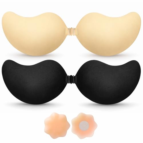 BLOOMORA Reggiseno Adesivo Push Up – Reggiseno Invisibile Senza Spalline e Schiena Scoperta, 2 Coppie Coppe in Silicone Adesive con Clip, Nero & Beige + Coppe Seno Riutilizzabili per Abiti - Coppa B