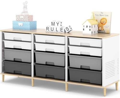 KINGRACK 12 Kommode – Mit Einer Tischplatte aus Holz Multifunktionaler Komodenschrank für Zuhause & Büro, Platzsparendes Design, Einfache Montage (Grau)