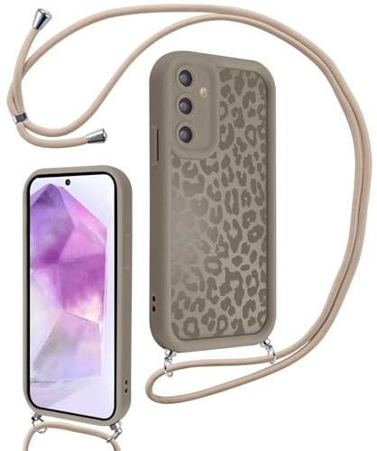 Xylota Handyband für Samsung Galaxy A55 5G Hülle mit Band, Silikon Aesthetic Leopard Muster Design Handyhülle mit Kette Kordel Schlüsselband, Schutzhülle für Samsung A55 5G 6,5'' zum Umhängen, Braun