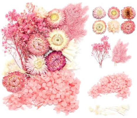 VYNZOR Fiori Secchi Decorativi, Realizzato con veri, Non sbiadiscono Facilmente, candele fai da te, Resina, Scrapbooking, e decorazioni, per bomboniere, Fiori Misti Naturali (Rosa e Bianco)